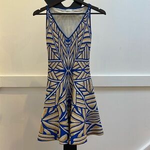 GIG Body-con style blue gold tan patterned flare dress Small - fits like XS